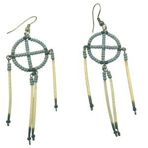 Dreamcatcher Dangle Earrings Porcupine Quill Tassels Blue White Beaded Handcraft